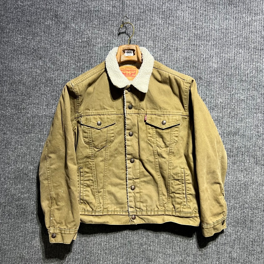 Levis Sherpa Lined Trucker Jacket Mens Medium Tan Khaki Canvas Workwear Coat